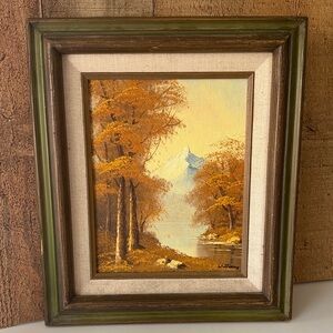 VTG Serene Landscape Painting with Green and Brown Frame~Signed